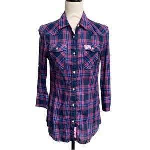 Superdry Shirt Shop Navy Pink Plaid Button Front Western Shirt Size M (Fits S)